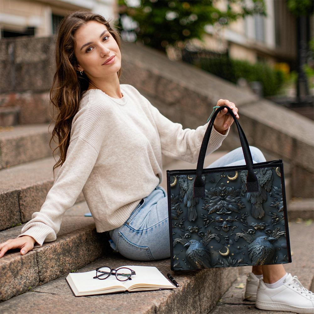 Gothic Crow Moon Embossed Pattern Casual Large Tote Handbag For Daily Use