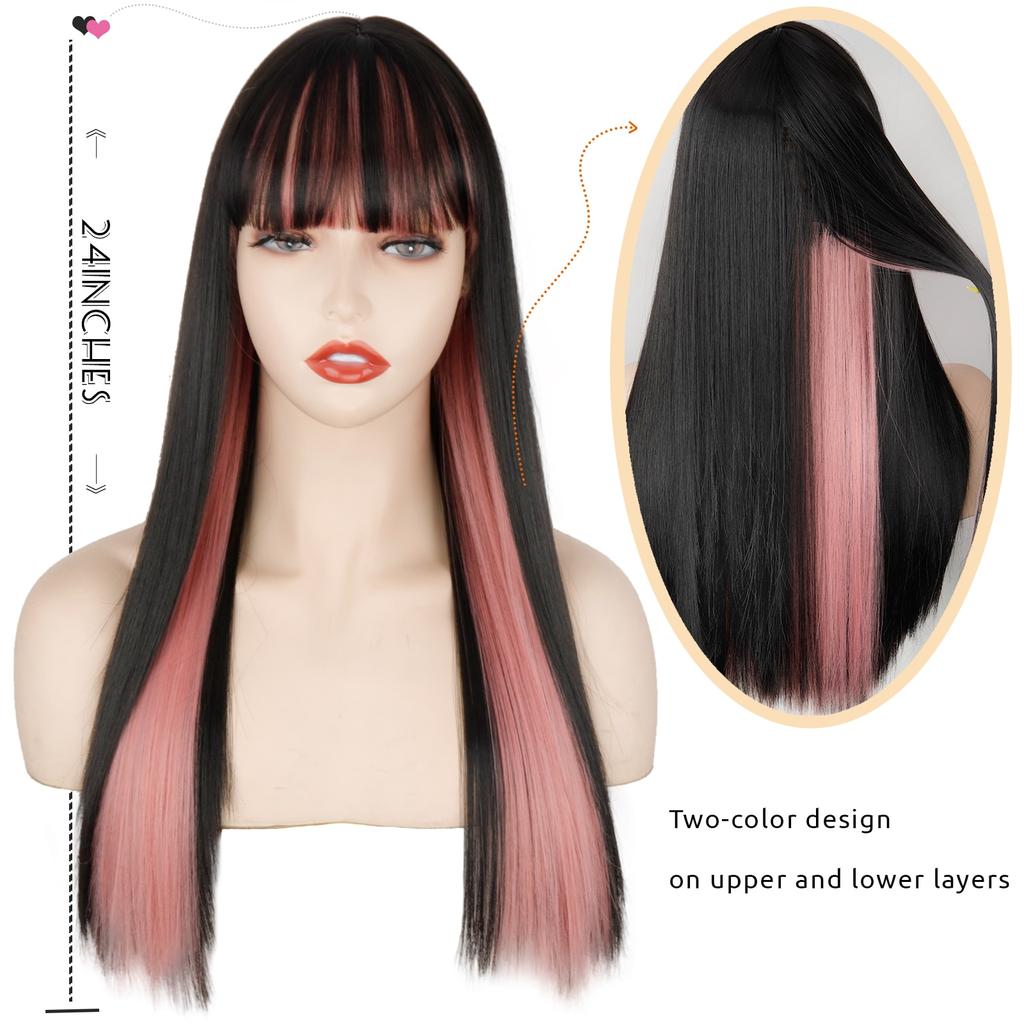MISSQUEEN Pink and Black Wig Two Layers of Wigs Long Straight Hair Cosplay Wig Two Tone Ombre Color Women Synthetic Hair Wigs Lolita Wig