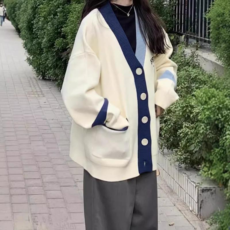 Autumn and Winter Fashion Contrasting Color Letter Embroidered Sweater Women's Cardigan Loose Knitted Sweater Jacket Large Version Women's Clothing