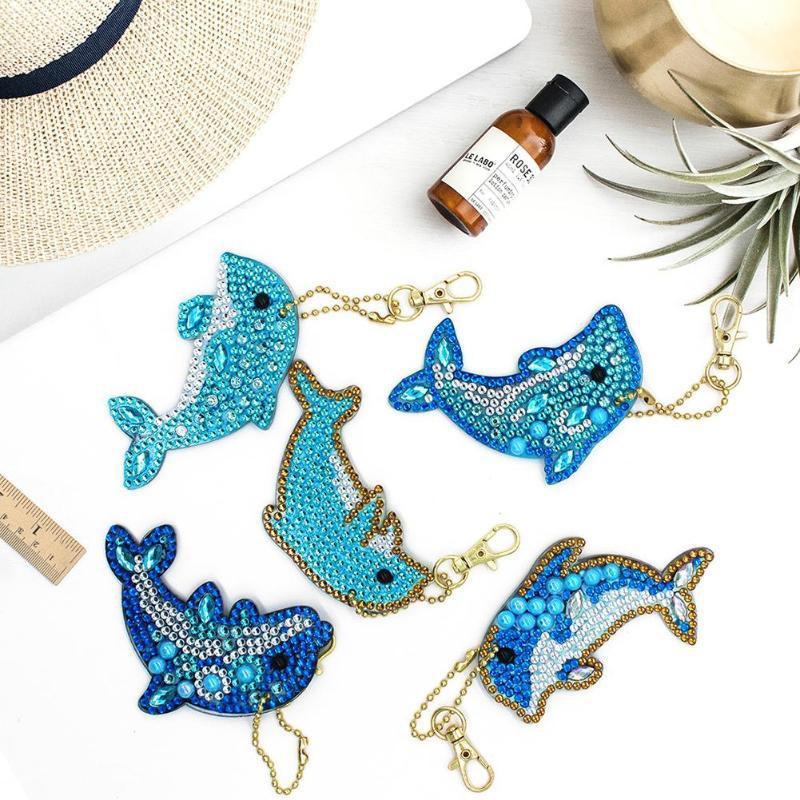 DIY Diamond Painting Cartoon Dolphin Animal Pendant Acrylic Double Side Sequins Key Chain Ring Set Special Shaped Pendant Gifts