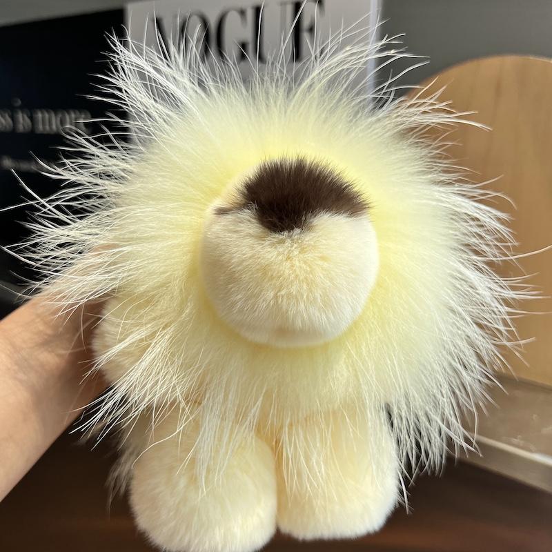 Cute Lion Real Rex Rabbit Fur Keychain Plush Toys Trinkets Women Bag Ornaments Pendant Car Keyring Rearview Mirror Decoration