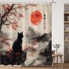 Japanese Cat Shower Curtain Vintage Floral Red Plum Blossom Cherry Blossom Black Cat Asian Rustic Mountain Traditional Bathroom