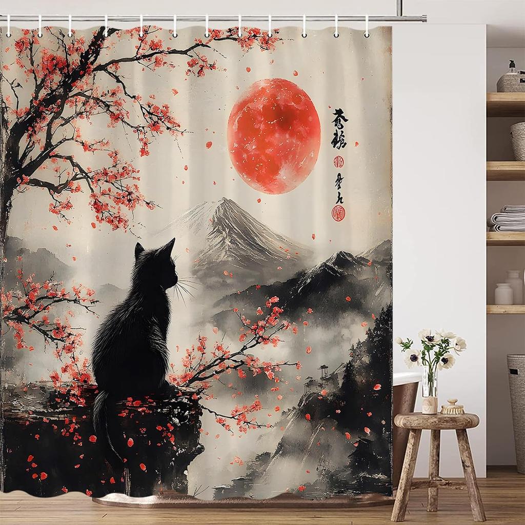 Japanese Cat Shower Curtain Vintage Floral Red Plum Blossom Cherry Blossom Black Cat Asian Rustic Mountain Traditional Bathroom