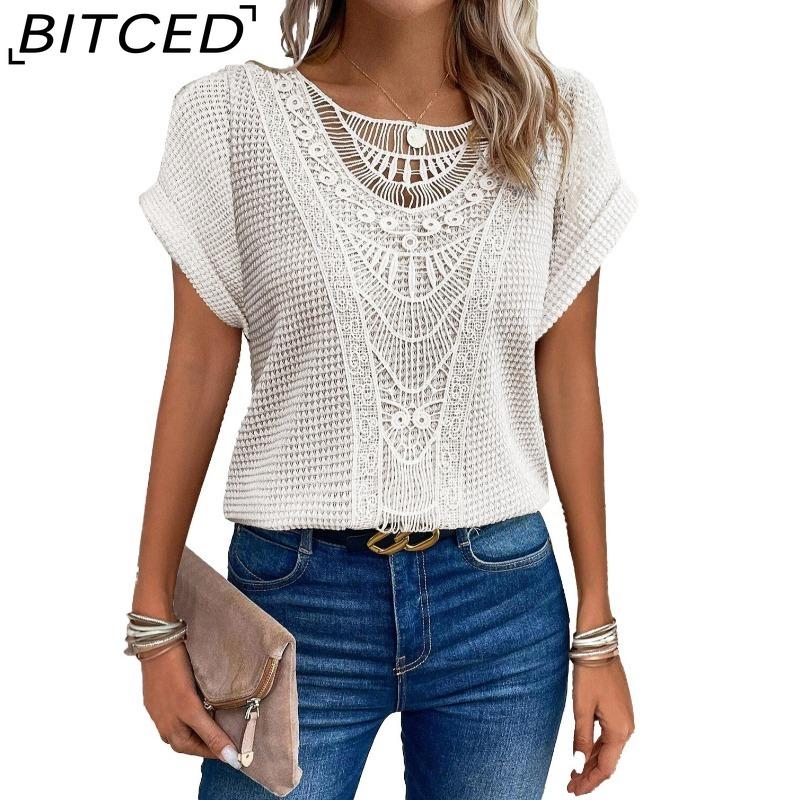 BITCED Women's Spring/Summer Lace-Patchwork Short-Sleeve T-Shirt
