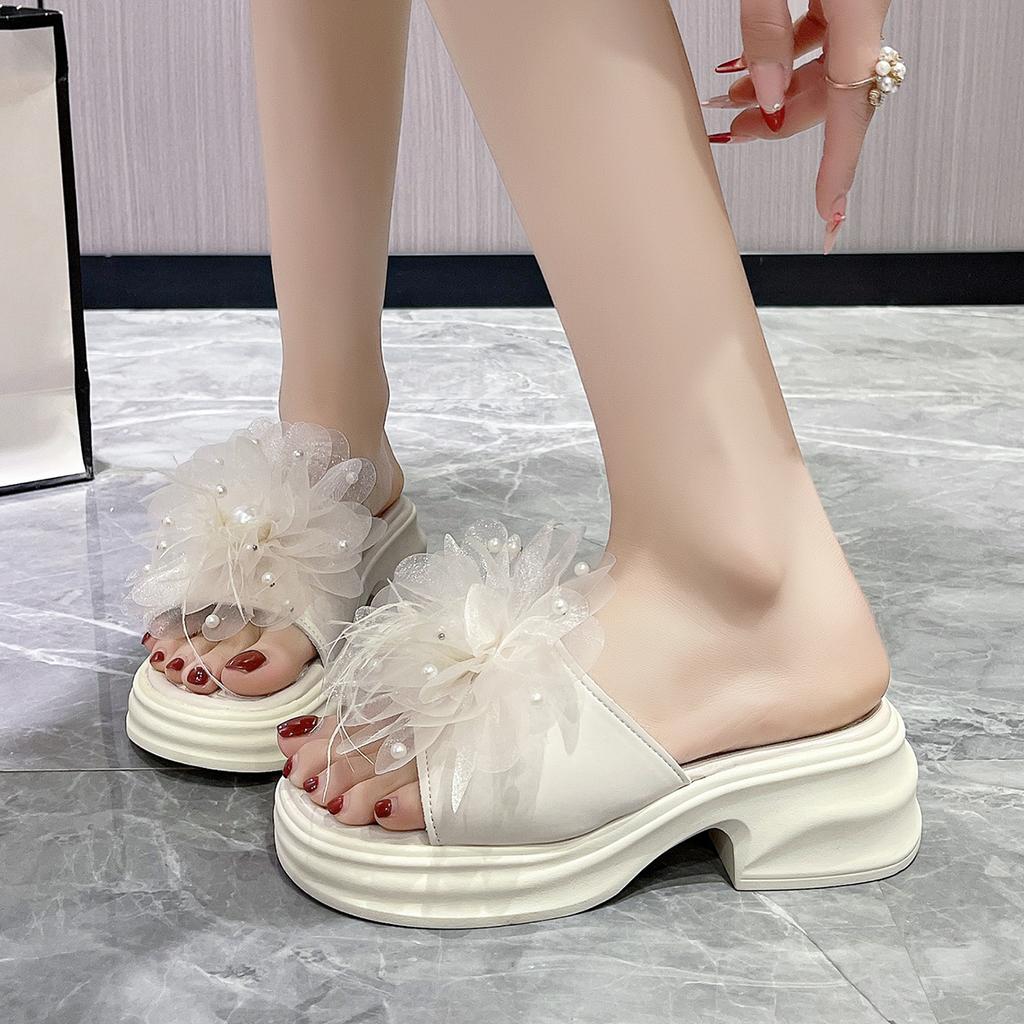 Fashion Square Heel Sandals Big Flower Dec Women Outside Slides Sweet PVC Flip Flops Shoes Zapatos Mujer 2025
