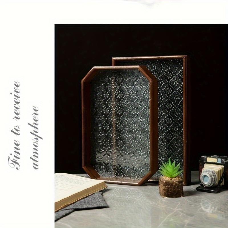 1pc Flower Corundum Pattern Embossed Glass Dark Octagonal Tray, Wooden Edge Tray, For Home Room Living Room Office Decor