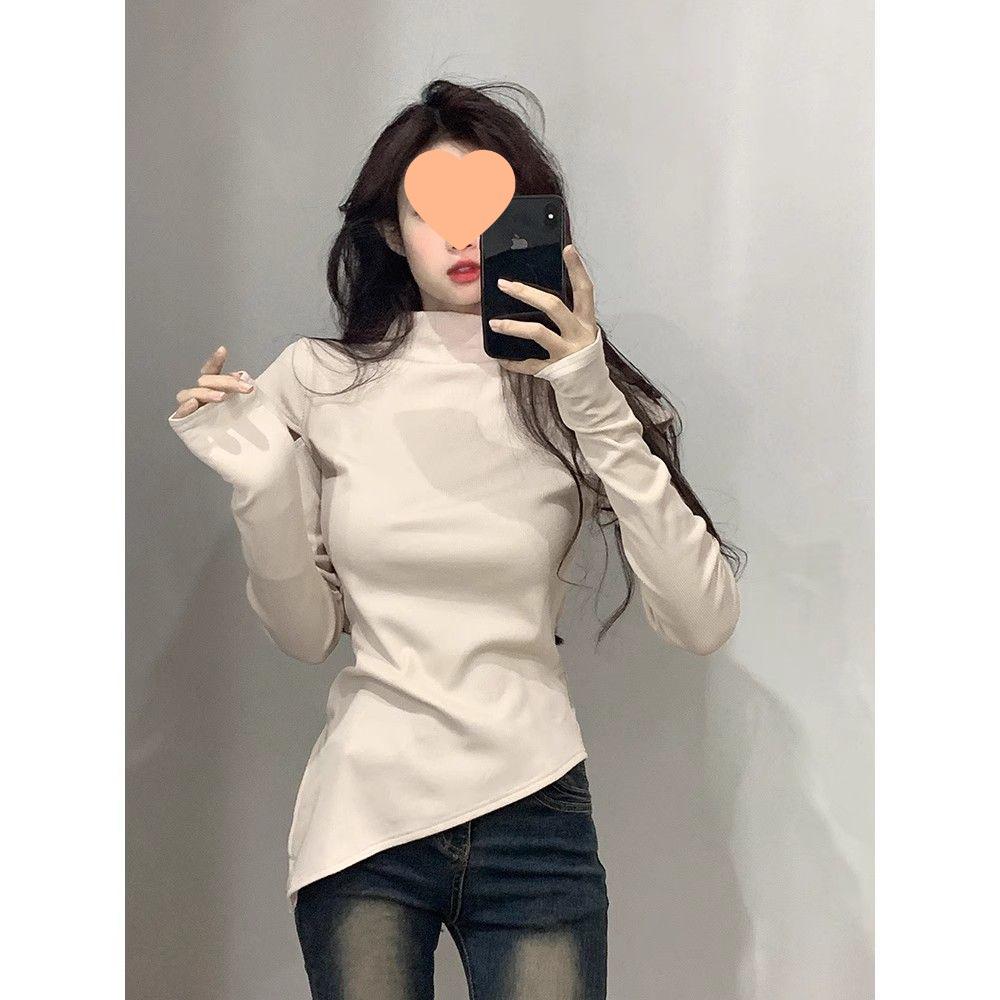 Women's Off-Shoulder Slim Fit Brushed Turtleneck Long Sleeve Top for Autumn/Winter