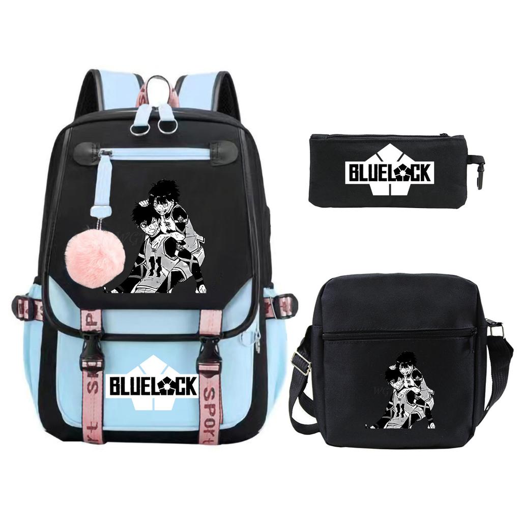 Blue Prison Student School Bag Large Capacity Children'S Shoulder Bag Casual Pencil Bag Set