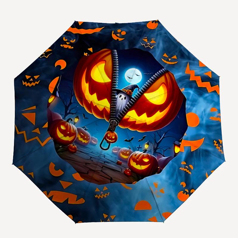 1pc Halloween Jack-o'-Lantern Zipper Umbrella Automatic Opening & Closing, Portable 3-Fold Design with 8-Bone Iron Frame, Outdoor for Festive Gif