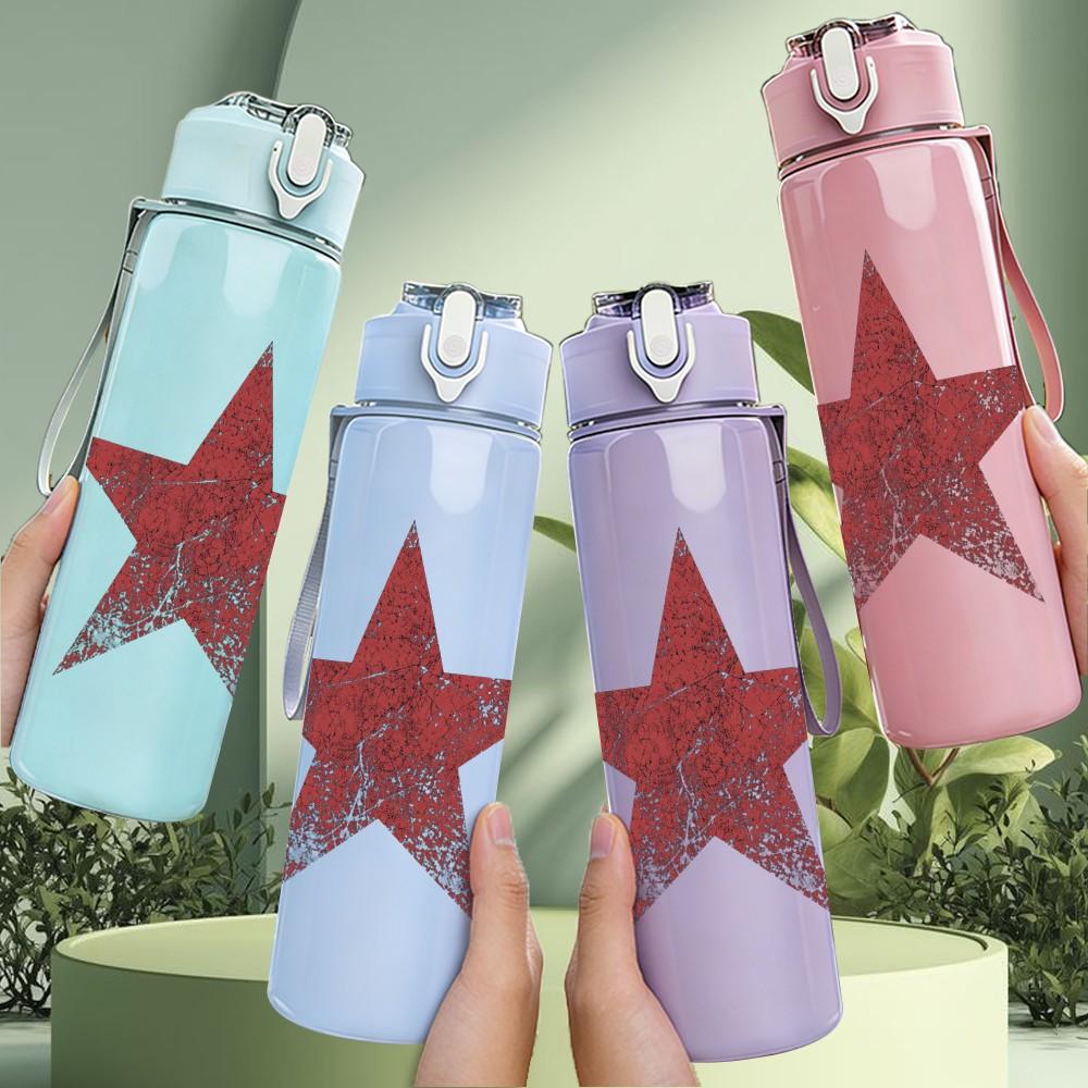1PC Red five point star minimal print 750ml colorful plastic sports water bottle leakproof pop up lid with straw for outdoor work home use
