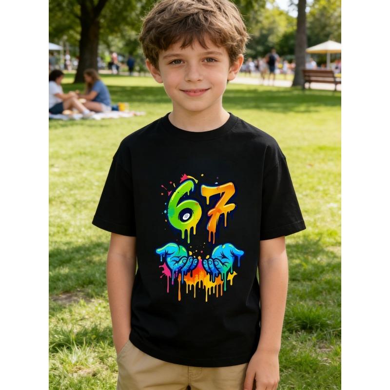 European sizes Boys' Size 67 Graffiti Melted Style Short Sleeve T-Shirt, Trendy Cool Street Style Digital Print Top
