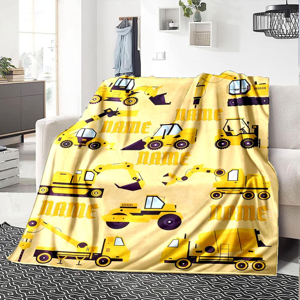 Construction Vehicles Pattern Lightweight Personalized Blanket Customize Your Name Soft Cozy Great For Sofa Couch Office Bed Picnics Four Seasons