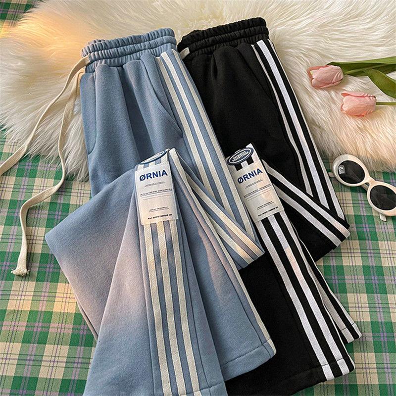 Pruhované tepláky Ženy Streetwear Hrubé široké nohavice Y2K Harajuku Joggers s vysokým pásom Kórejské Baggy nohavice