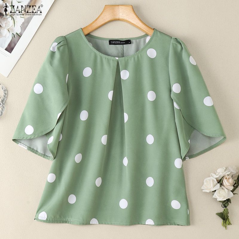 ZANZEA Γυναικείο Καθημερινό Καλοκαιρινό Μπλουζάκι με Στρογγυλή Λαιμόκοψη, Κοντό Μανίκι και Πουά