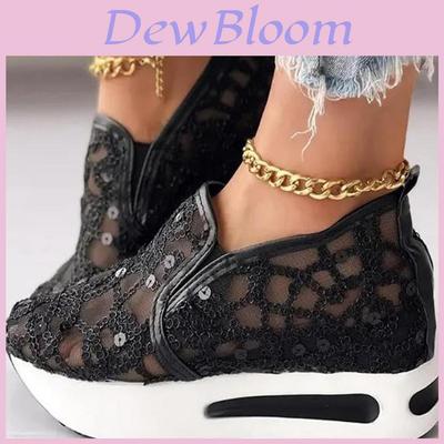 Glitter Large Size Sneakers For Women Breathable Mesh Platform Slip On Athletic Shoes For Daily Wear