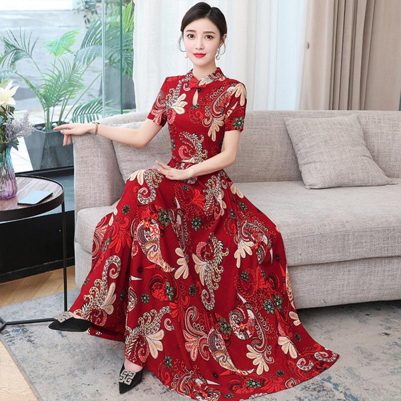 Women Cheongsam Dress Hollowed Stand-up Collar Short Sleeve High Waist Retro Ethnic Printing Skirt