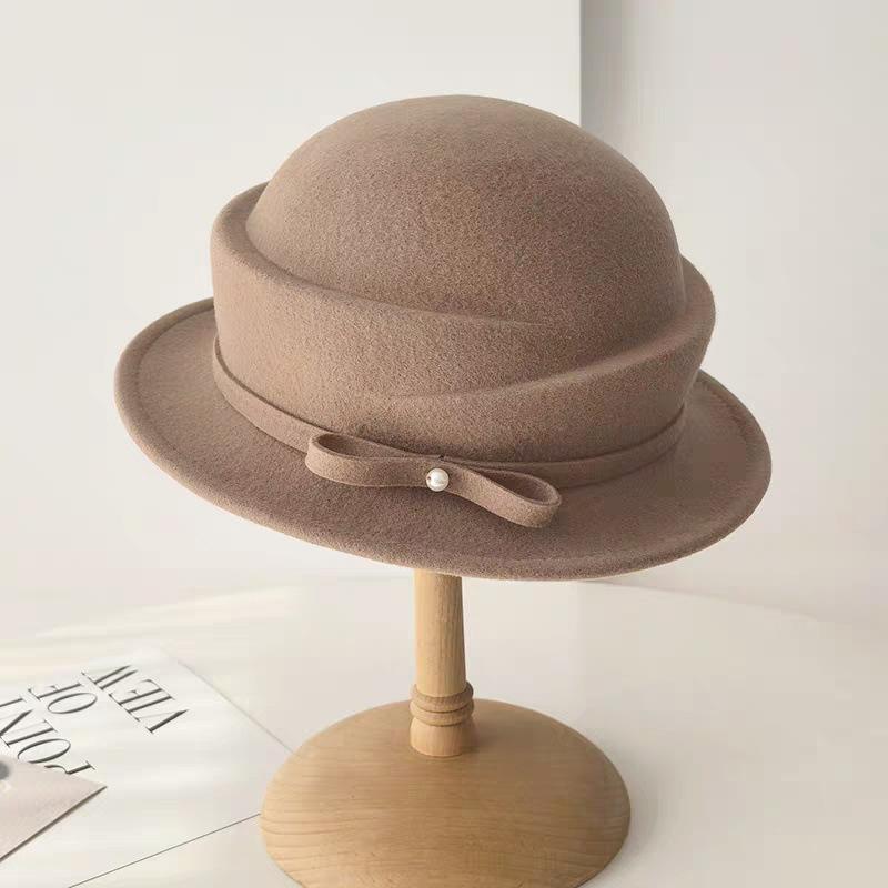 New 100% Wool Hat Bell Hat Women's French Elegant Retro Hepburn Autumn and Winter Celebrity Pearl Wool Felt Bucket Hat