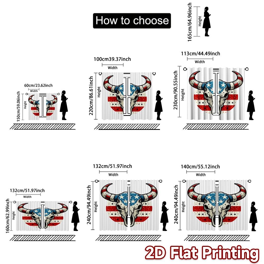 2D FLAT PRINTING 2pcs Curtains (Without Rod) Patriotic Bull Skull Print Chic Curtains Prints Light Filtering Curtains Gifts Use