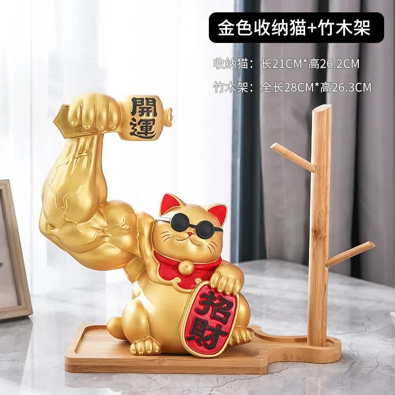 Golden Cat Figurines Muscle Arm Lucky Cat sculpture Ornaments Resin Storage Tray Storage cup holder key holder  Decoration