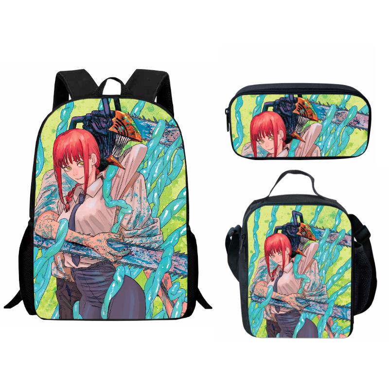 Printed Day Man Two-Dimensional Chainsaw Man Student Schoolbag Three-Piece Cartoon Backpack Lunch Bag
