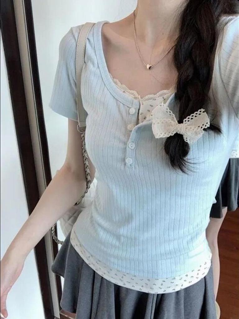 American Style Floral Print Two-Piece Look Chic Slimming T-Shirt - Women's Short Sleeve Summer Top