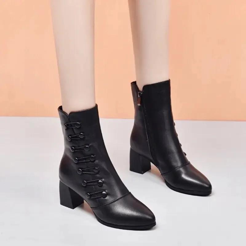 Fashion 2025New Women's Boots Winter Plush Warm Snow Boots Fashion Leather Ankle Boots for Women High Heel Boot High Quality Botas Mujer