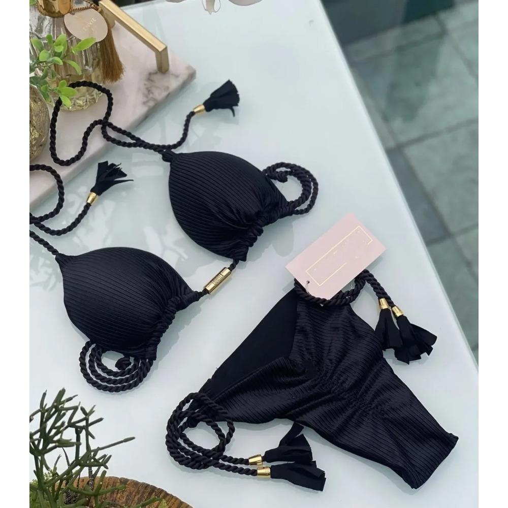 

Women s Bikini New Special Fabric Solid Color Rope Swimsuit Multicolor L