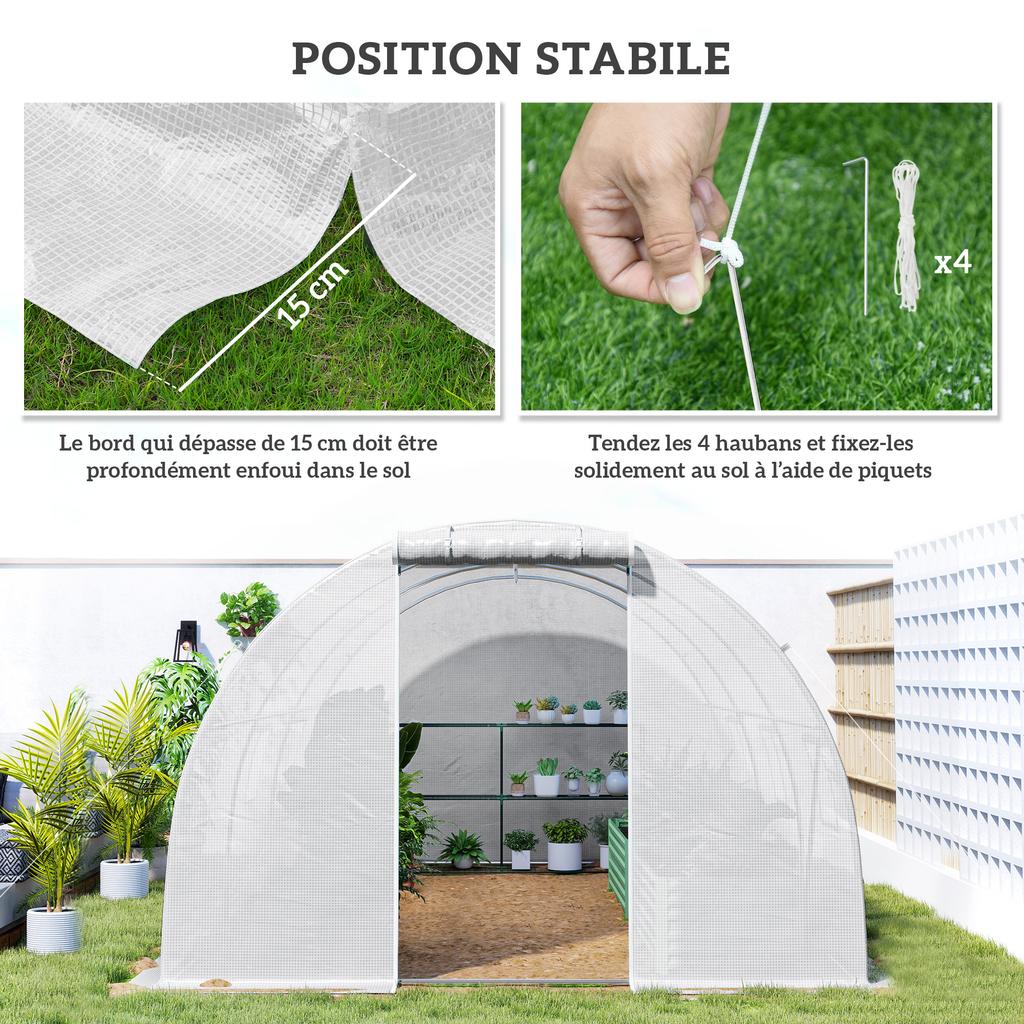 Tunnel Greenhouse, 13.5 m2, 6 Windows, Roll-Up Zippered Door, Galvanized Steel, 4.5 x 3 x 2 m, White