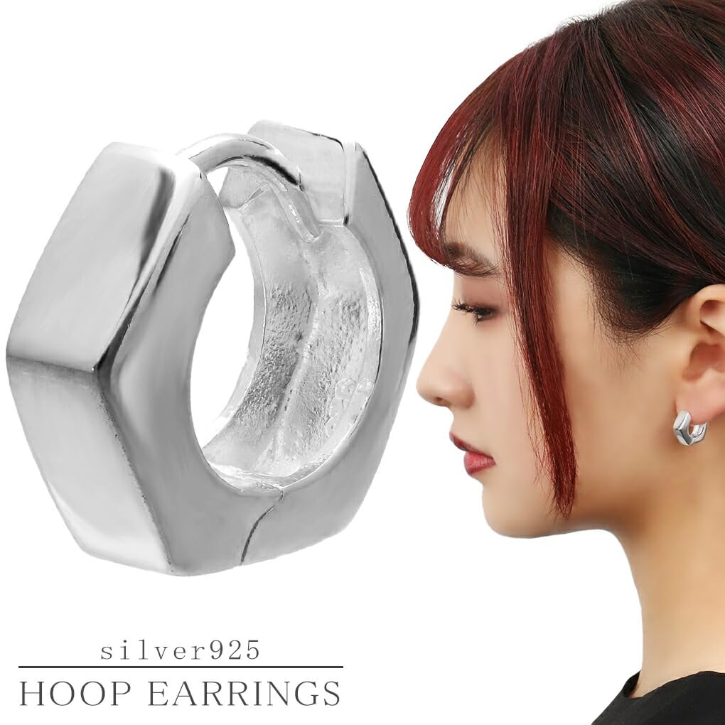 [Shinjuku Gin no Kura] Hexagon Hoop Earrings, 925 Sterling Silver, Single Earring, Hexagonal Geometric Pattern, Simple, Catchless