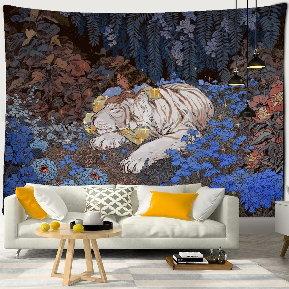 Mysterious Forest Tapestry Wall Hanging Flowers Jungle Animals Moon Ocean Landscape Illustration Room Home Decor