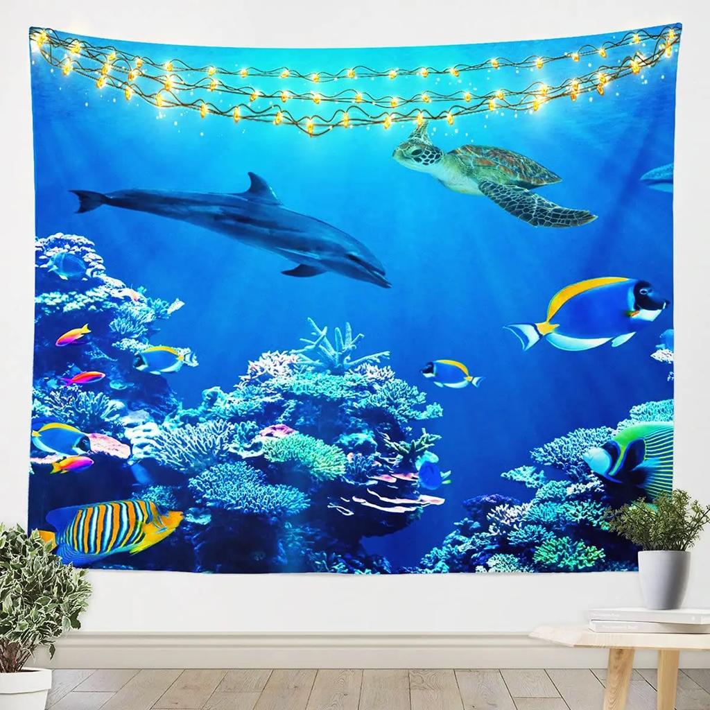 Unterwasser-Oase Wandteppich Delfin Unter dem Meer Korallenfische Anemonen Tiefsee Fantasy Blasen Wandbehänge Dekor Zimmer Wandteppiche