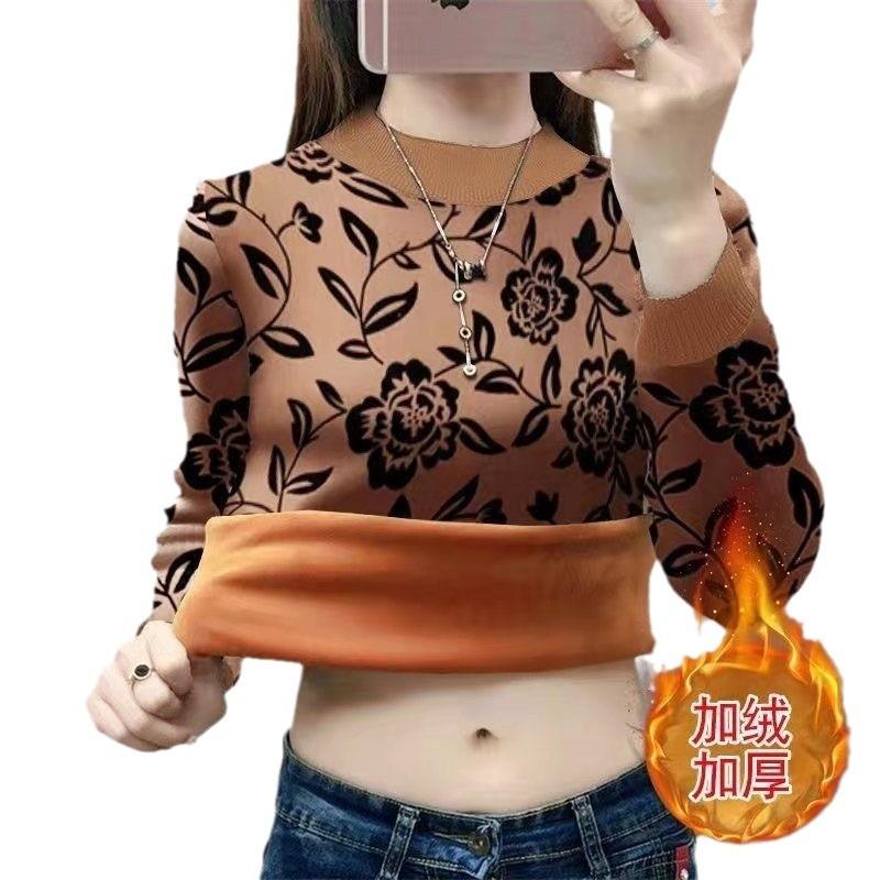 Bottom shirt women's new autumn and winter versatile high-end thin top with printed fashion velvet thickened shirt