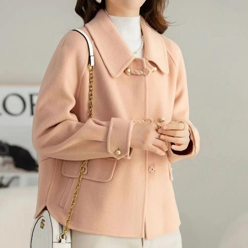 Spring and Autumn Women Wool Coat Short Small Double-sided Fleece Coat Fashionable Chinese Style Loose Woolen Top with Buckle