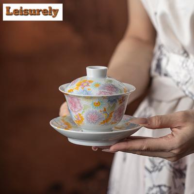 160ml Enamel Color Flowers Gaiwan Vintage Tea Tureen Tea Bowl With Lid Kit Tea Brewing Cover Bowl Kung Fu Tea Set Supplies Gift