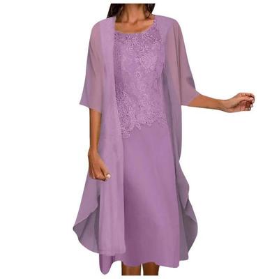 Moda Elegante Mulheres Duas Peças Sem Mangas Gola Redonda Chiffon Renda Patchwork Cor Sólida Vestido
