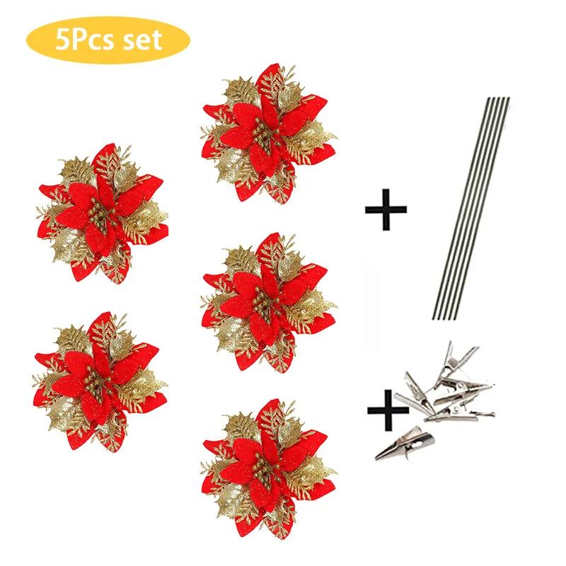 5PCS Glitter Poinsettia Artificial Xmas Flowers Ornaments for Christmas Tree Decorations Fake Flowers Head Christmas Decoration