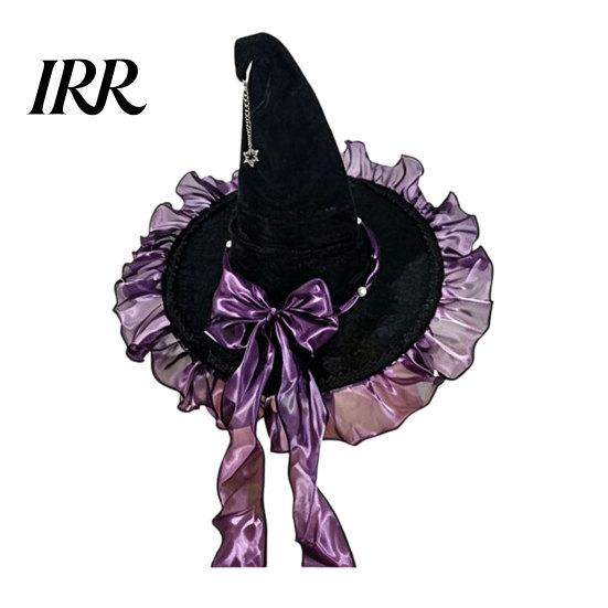 Black Witch Hat Halloween for Women, Velvet Wizard with Ruffle High-quality Brim And Bow Party, Masquerade, Cosplay Costume Accessory Bendable