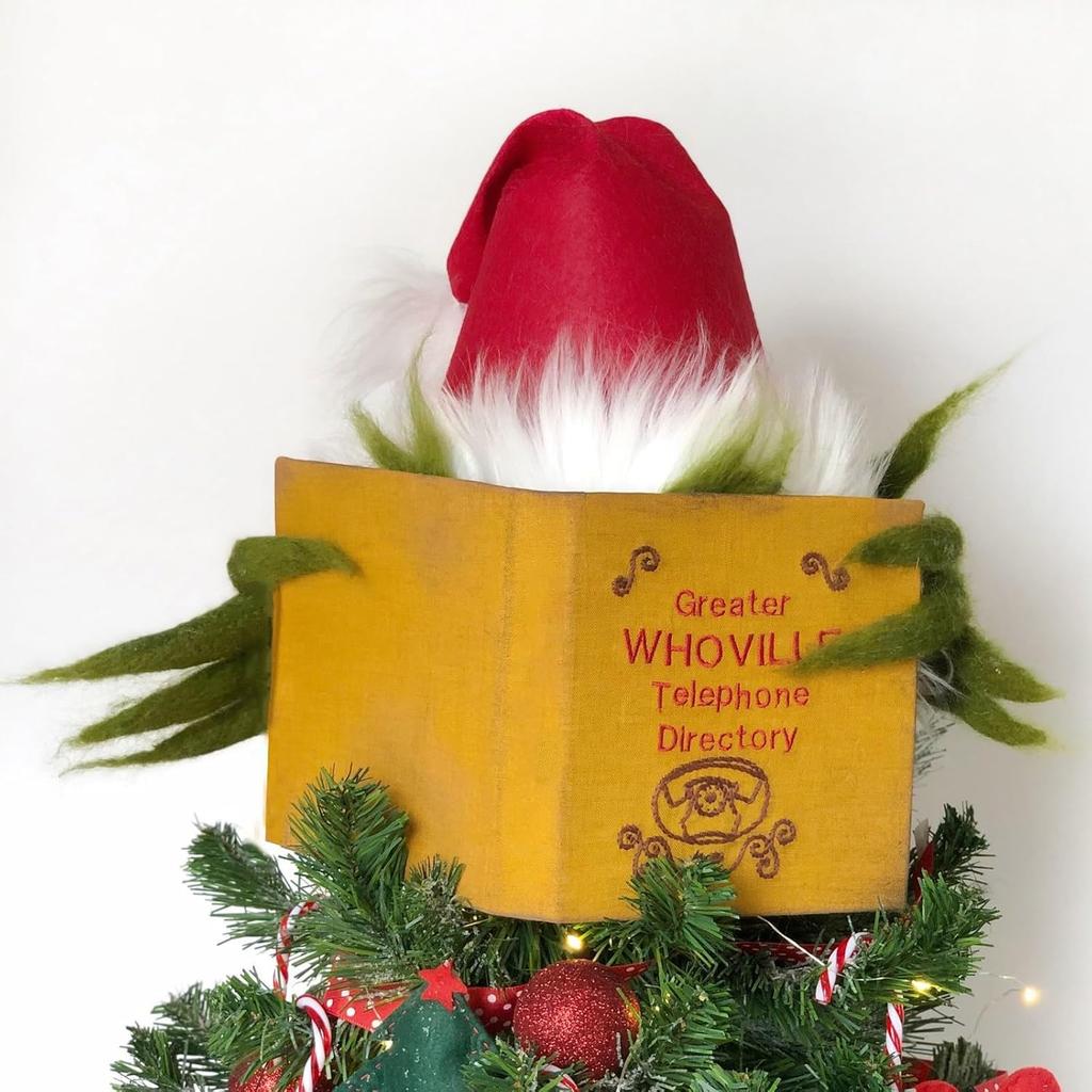 Christmas Tree Topper Classic Green Monster Hiding Behind Book Treetop Decoration for Christmas Tree Decorations Xmas Holiday Party Favor (Tree