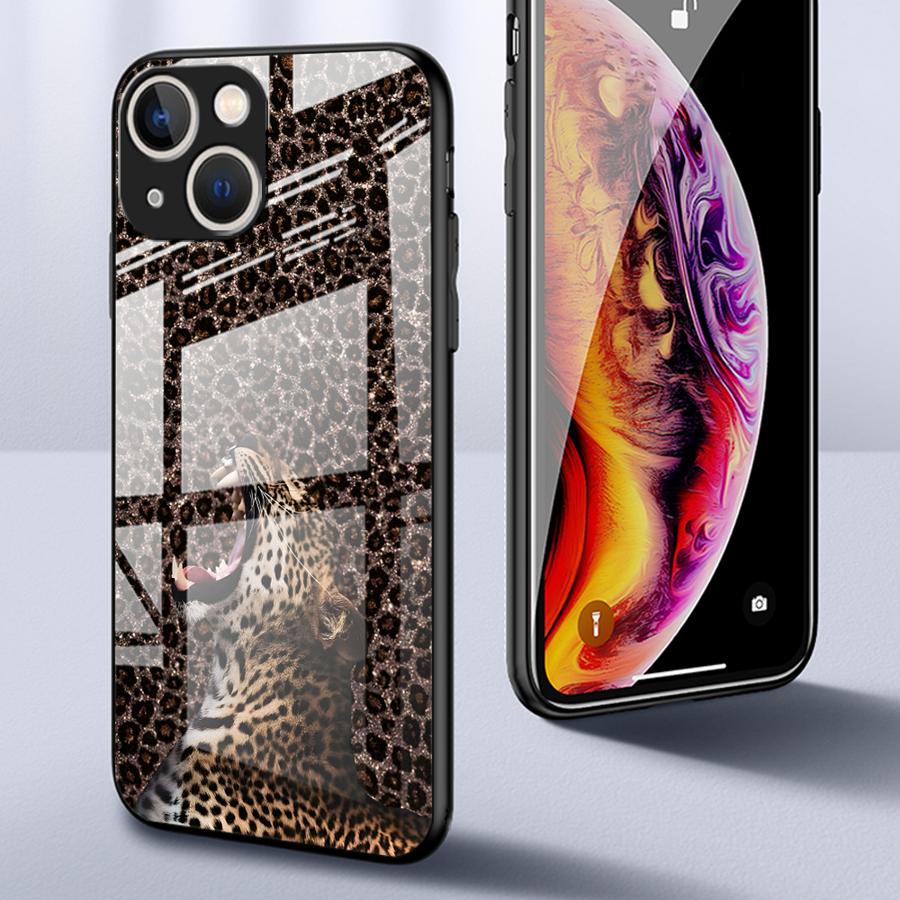 Glass Phone Cover Case for iPhone 17 Pro Max 8 15 Plus 11 Air 14 16 12 XR 13 Leopard Print Leopard