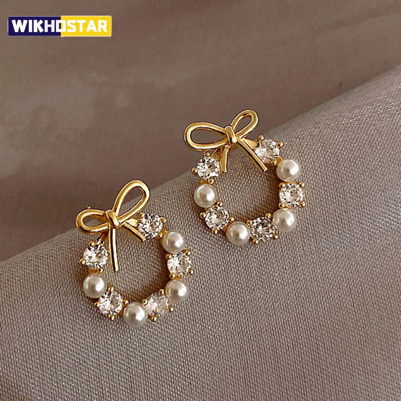 Fashion Lmitation Pearl Crystal Bow Stud Earring For Women Girl Fashion Cute Loreanearrings Party Trending Jewelry Wholesale