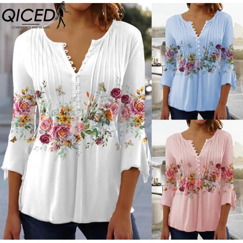 QICED Spring Summer Fashion Women's Wear Floral Print V-neck Short-sleeved Pleated Button T-shirt Base Layer