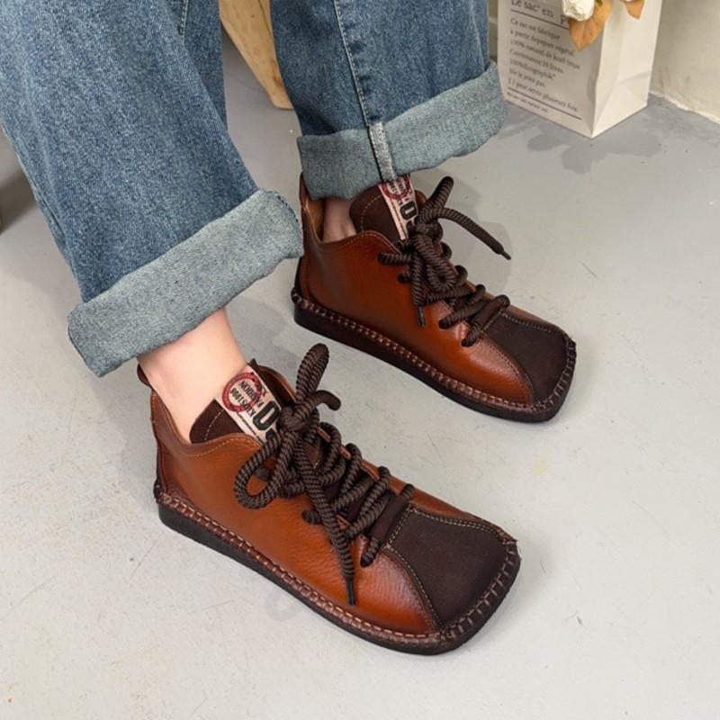 Johnature Genuine Leather Square Toe Retro Short Boots Lace Up Flat Bottom Women's Shoes