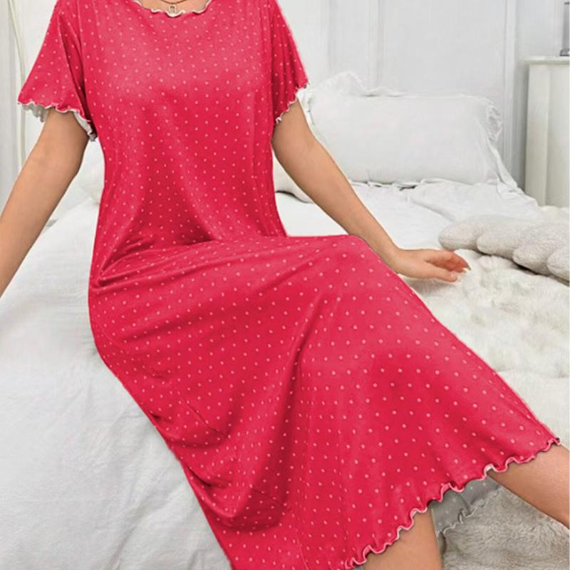

New Polka Dot Short-sleeved Home Sleeping Dress with Black Ear Trim Comfortable and Flowing Dress XL червоний