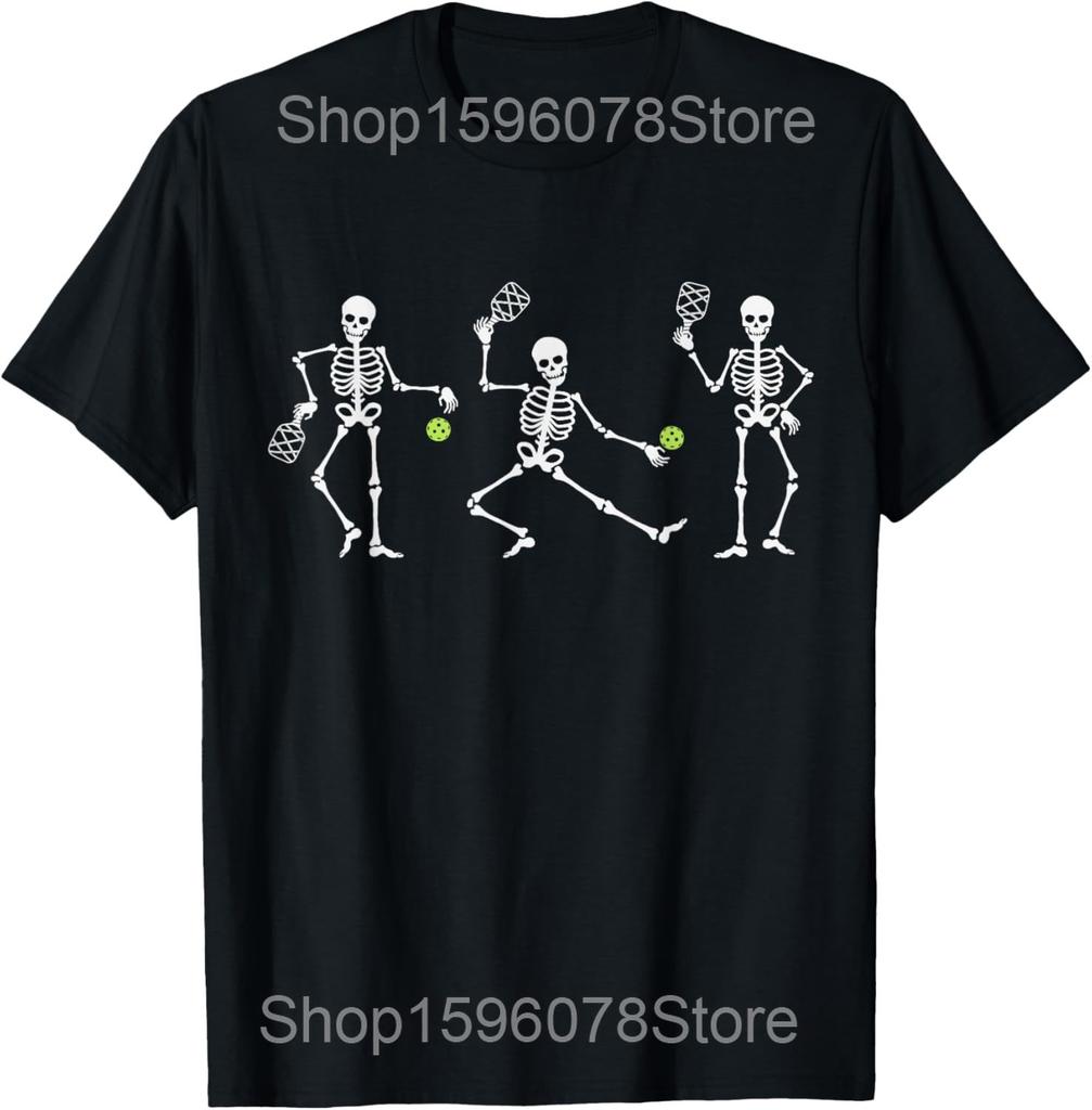 Funny Skeletons Playing Pickleball Paddle T Shirts Men Pure Cotton Humor Streetwear Tee Shirt Short Sleeve Unisex Loose Clothing