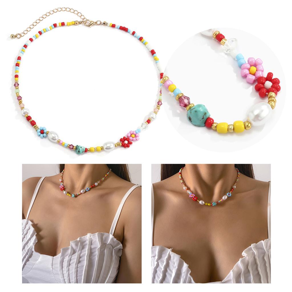 Small Flower Beaded Necklace Imitation Pearl Choker Necklace Party Jewelry