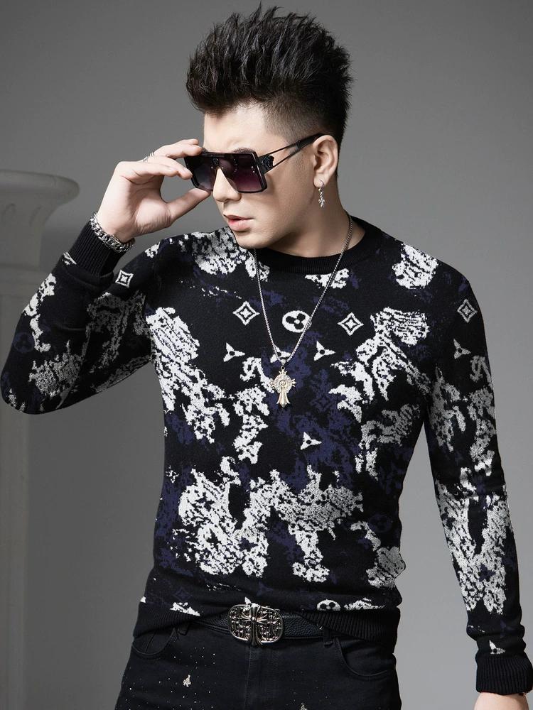 European Style Round Neck Sweater for Men, 2025 Autumn and Winter New Trendy Printed Base Knit Long-Sleeve Sweater