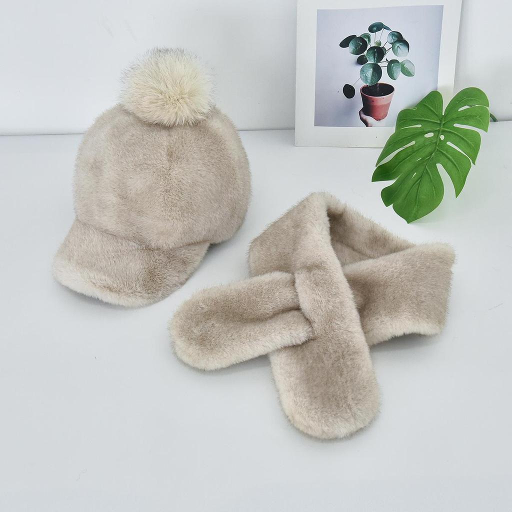 Autumn Winter Faux Mink Fur Baseball Cap for Women with Pom Pom, Faux Fur Warm Fleece Hat Scarf Set For Outdoor Travel