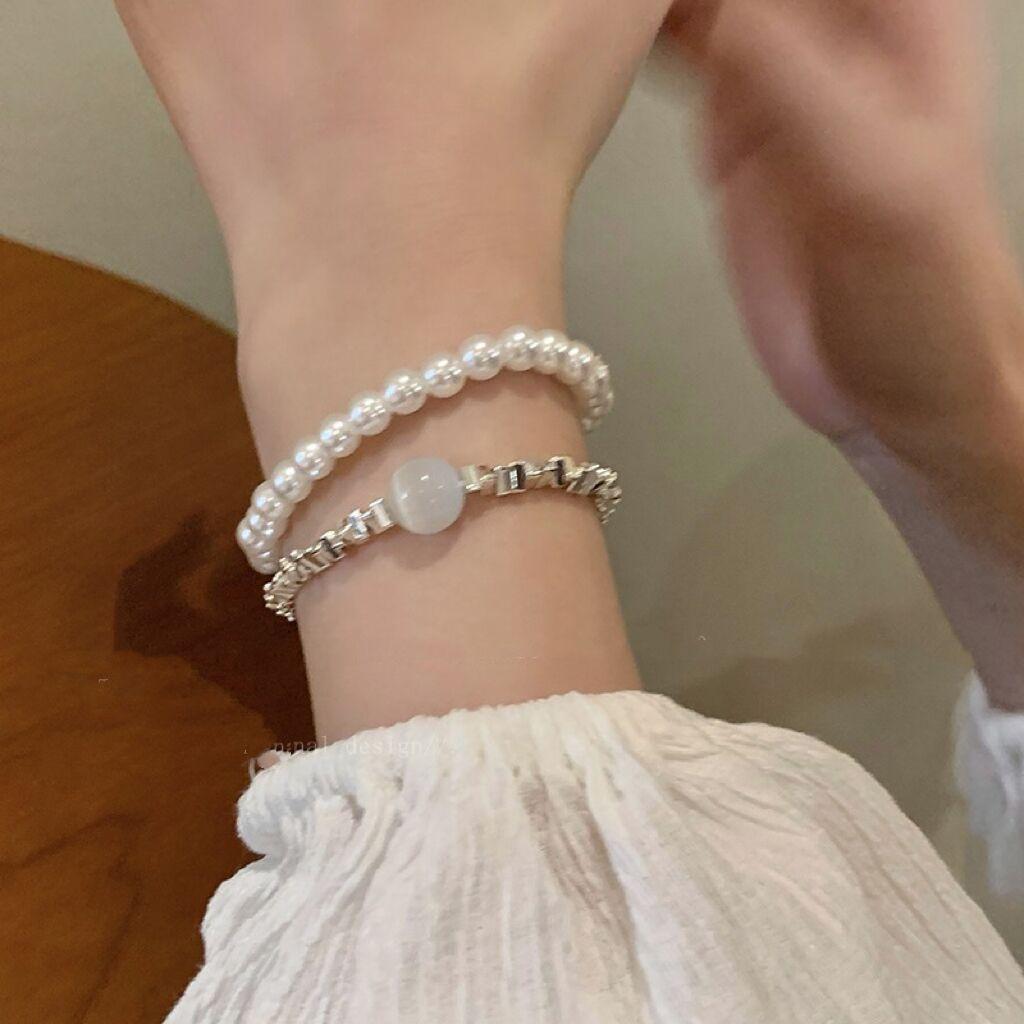 Broken Silver~ Moonstone Pearl Bracelet Women'S Light Luxury Niche Exquisite Bracelet Cold Wind Girlfriend Jewelry