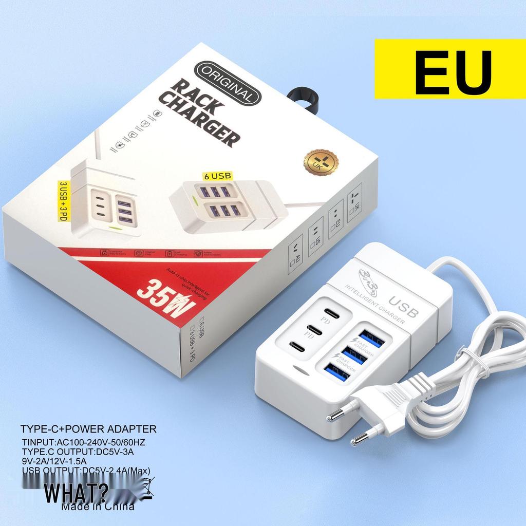 35W Multi-Port Power Strip Charger with 3 PD & 3 USB, 6 Sockets, and 3A Fast Charging