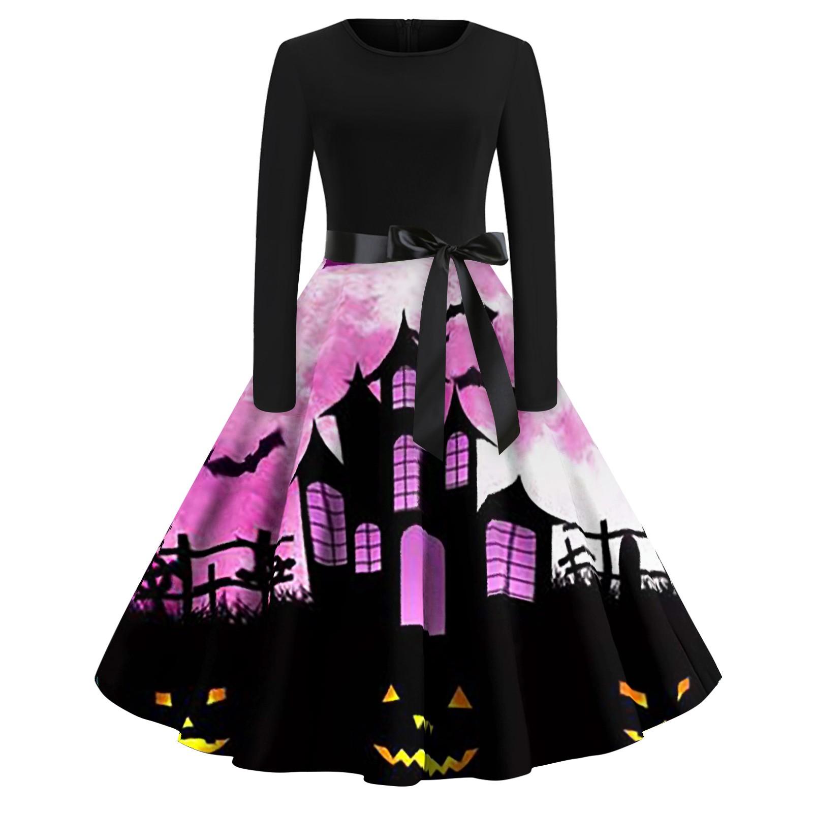 

Платье с расклешенным принтом на Хэллоуин для женщин, платье с длинным рукавом, полые вечерние повседневные платья S